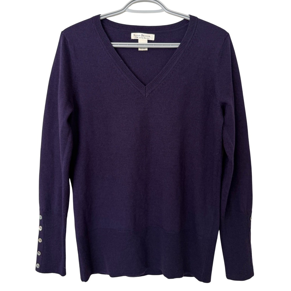 Susan Bristol Navy Blue Purple 100% Italian Merino Wool V-Neck Sweater Med READ